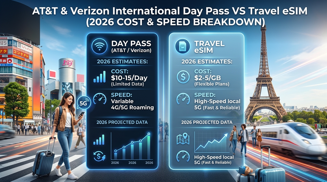 AT&T & Verizon International Day Pass vs Travel eSIM (2026 Cost & Speed Breakdown)
