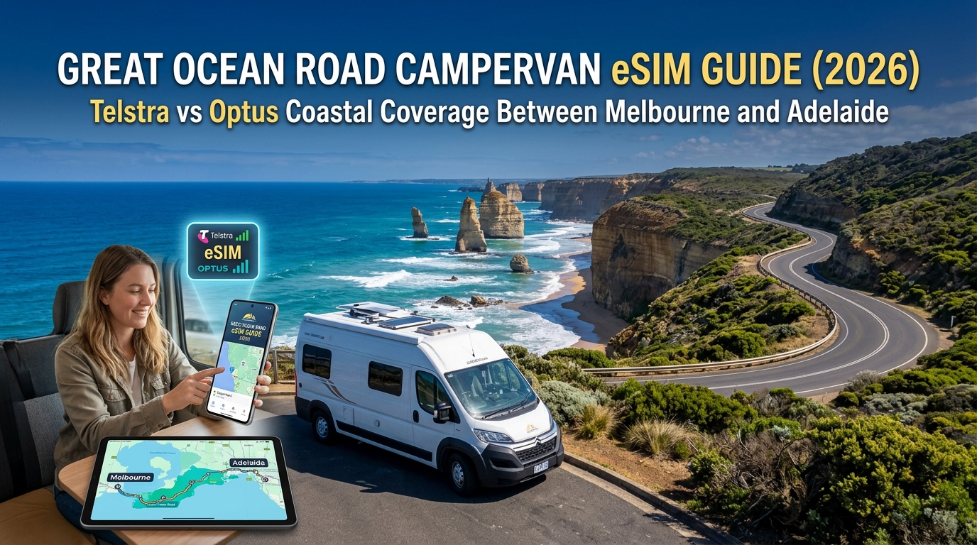 Great Ocean Road Campervan eSIM Guide (2026): Telstra vs Optus Coastal Coverage Between Melbourne and Adelaide