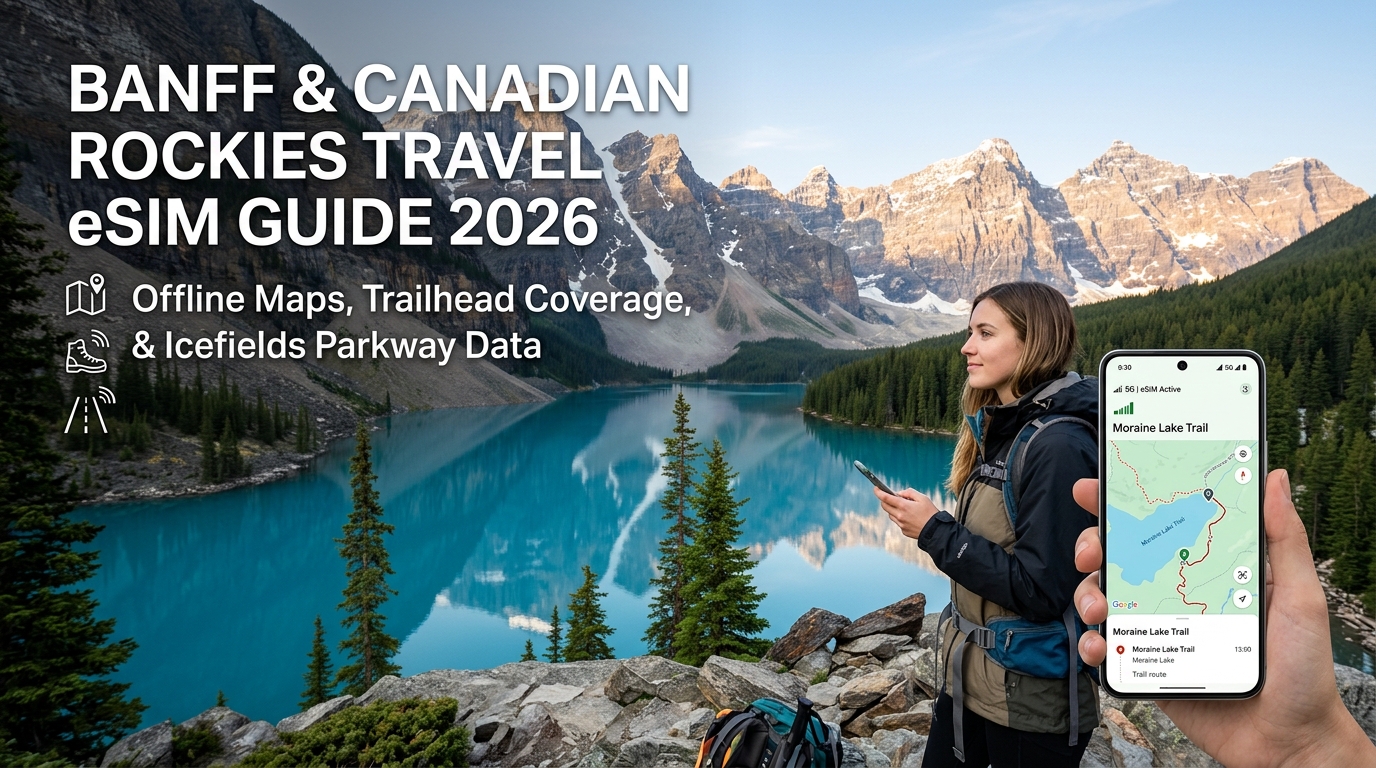 Banff & Canadian Rockies Travel eSIM Guide 2026: Offline Maps, Trailhead Coverage, and Icefields Parkway Data