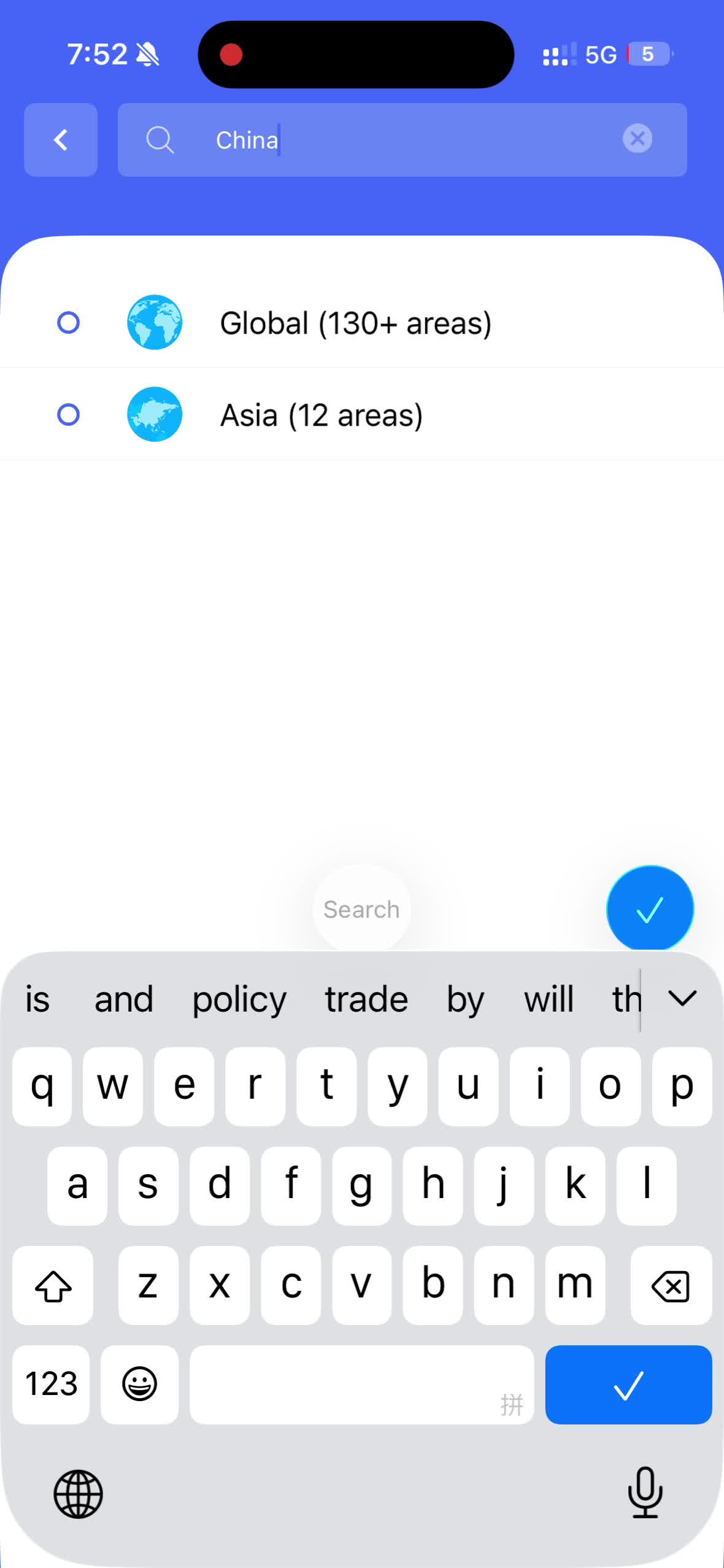 Screen recording still showing a China search inside an eSIM app with only Global and Asia results, not a standalone Mainland China listing.