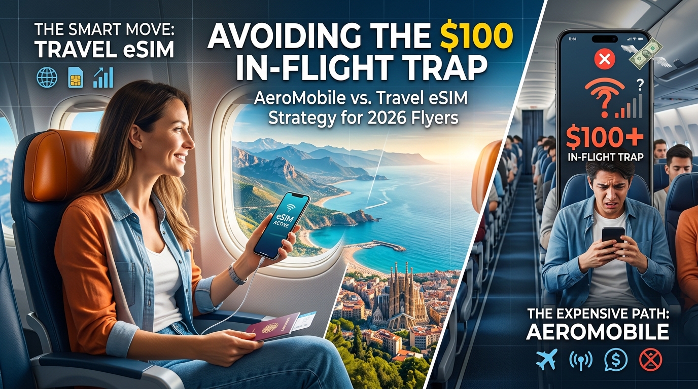 Avoiding the $100 In-Flight Trap: AeroMobile vs. Travel eSIM Strategy for 2026 Flyers