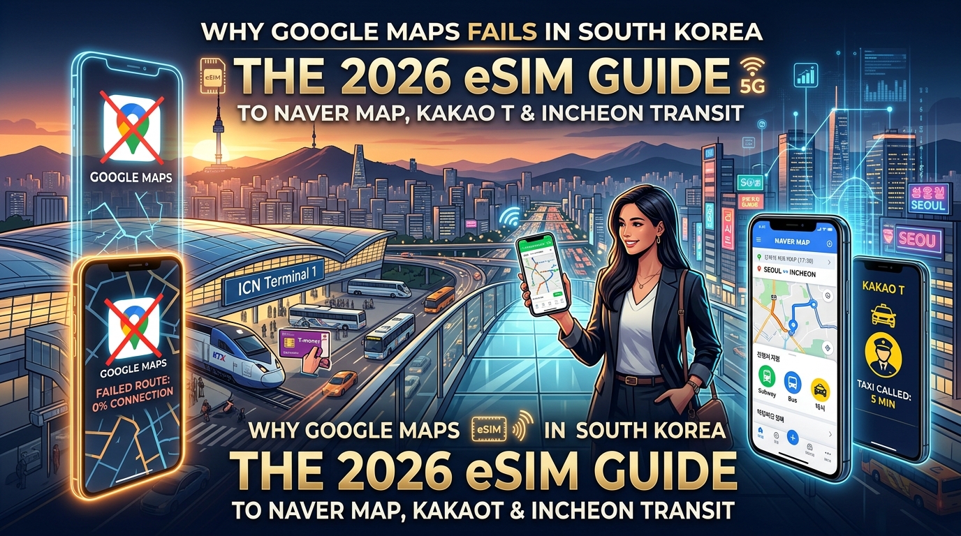 Why Google Maps Fails in South Korea: The 2026 eSIM Guide to Naver Map, Kakao T & Incheon Transit